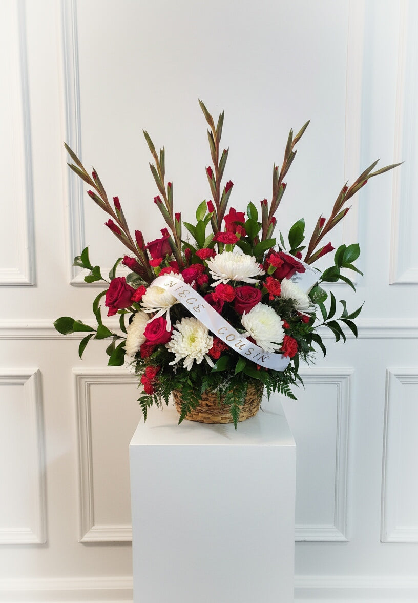 Red & White fanning basket arrangement